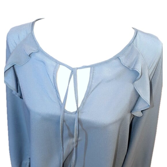 BCBGMAZAZRIA | Satin Blue Long Sleeve Ruffle Shoulder Keyhole Blouse | Medium - Picture 3 of 12